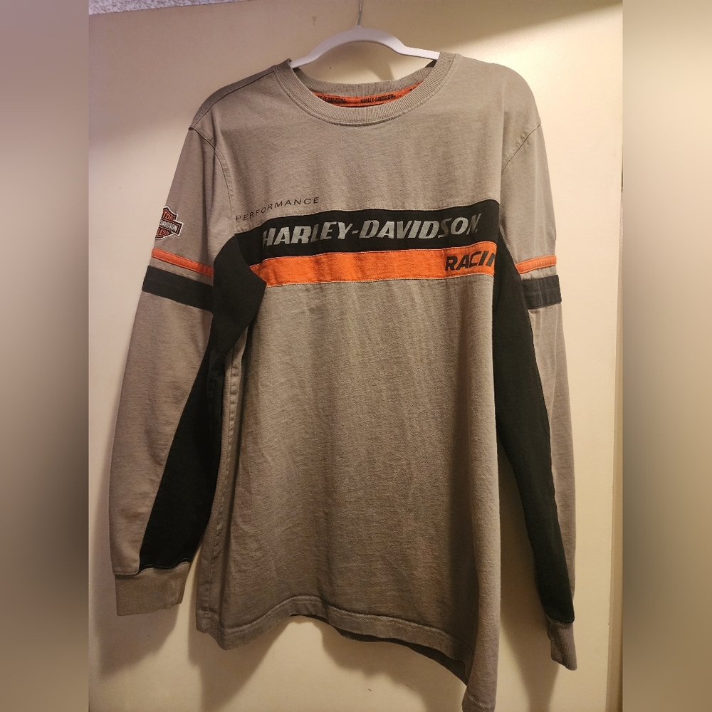 Harley-Davidson Gray Long Sleeve Shirt with Black & Orange Racing Stripes